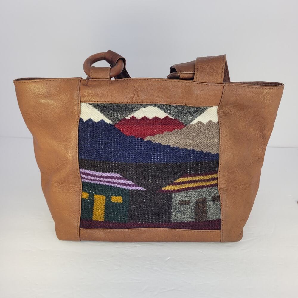 American Angel Colombian Leather Tote Bag Handwoven Tapestry Art Boho Southwest